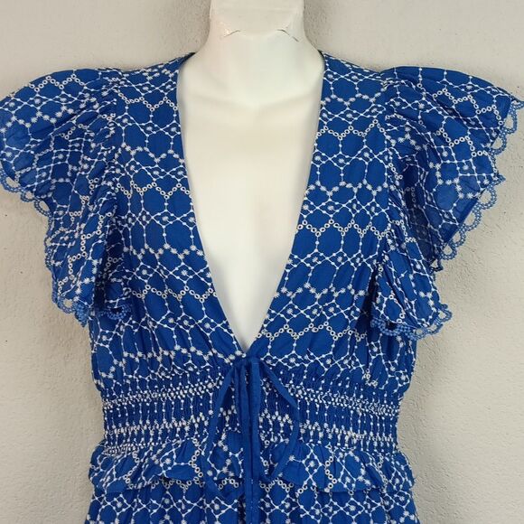 O.p.t Women Blue / White Tiered Maxi dress with V Neckline and Flutter Sleeves L - Picture 4 of 16